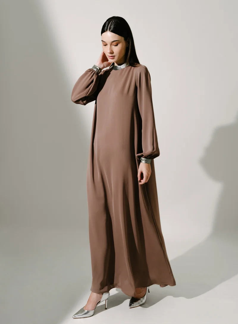 Hadiyath Al Madinah Light Taupe Organza Kaftan - HM