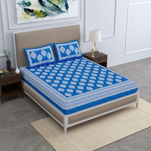 SheetKart 144 TC Cotton Printed Jaipuri Double Bedsheet with 2 Pillow Covers, Sapphire Blue - Image 4