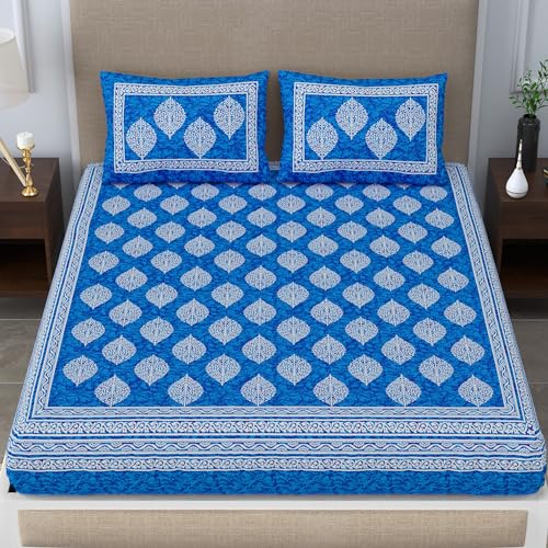 SheetKart 144 TC Cotton Printed Jaipuri Double Bedsheet with 2 Pillow Covers, Sapphire Blue - Image 2
