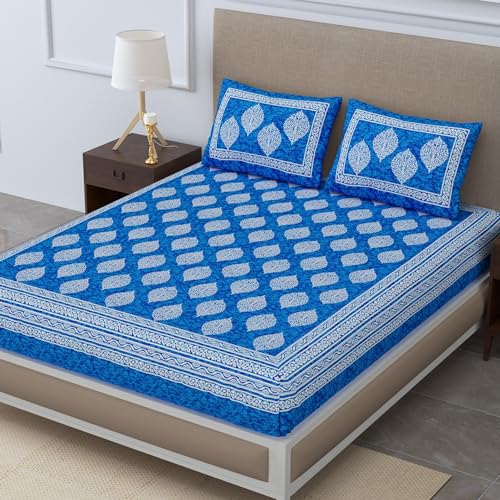 SheetKart 144 TC Cotton Printed Jaipuri Double Bedsheet with 2 Pillow Covers, Sapphire Blue - Image 3