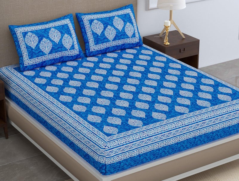 SheetKart 144 TC Cotton Printed Jaipuri Double Bedsheet with 2 Pillow Covers, Sapphire Blue - Image 1