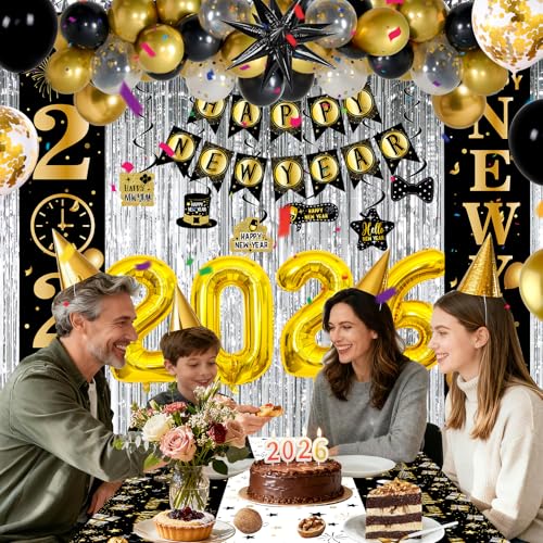 Pounira Happy New Year Decorations 2026 New Years Eve Party Supplies 2026 Happy New Year Banner Backdrop New Years Eve Decorations with Tablecloth Foil Curtains Number 2026 Balloons for NYE Party - Image 5