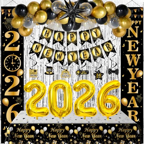 Pounira Happy New Year Decorations 2026 New Years Eve Party Supplies 2026 Happy New Year Banner Backdrop New Years Eve Decorations with Tablecloth Foil Curtains Number 2026 Balloons for NYE Party - Image 1