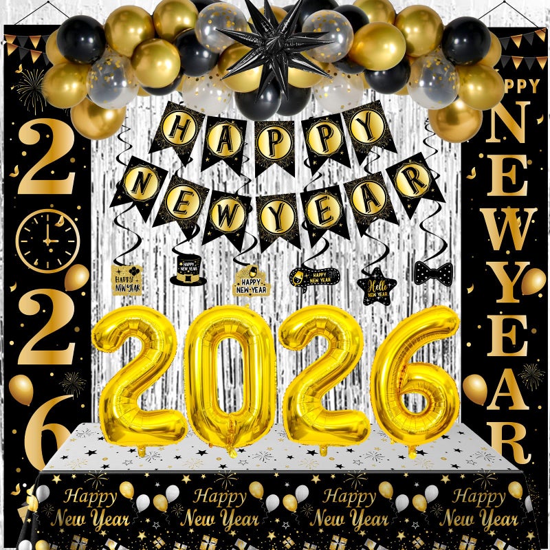 Pounira Happy New Year Decorations 2026 New Years Eve Party Supplies 2026 Happy New Year Banner Backdrop New Years Eve Decorations with Tablecloth Foil Curtains Number 2026 Balloons for NYE Party - Image 3