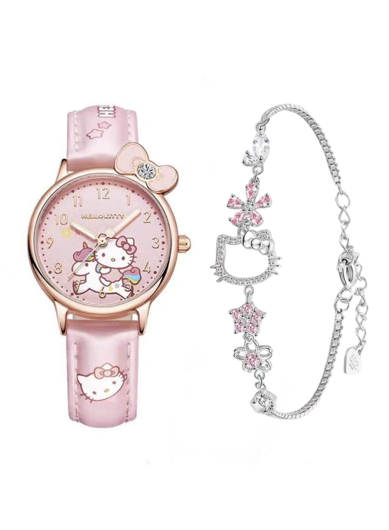 Hello Kitty Watch Gifts Set with Bracelet Pink for Lady Female Girls Minimalist Slim Thin Casual Dress Analog Quartz Wrist Watches - Image 1
