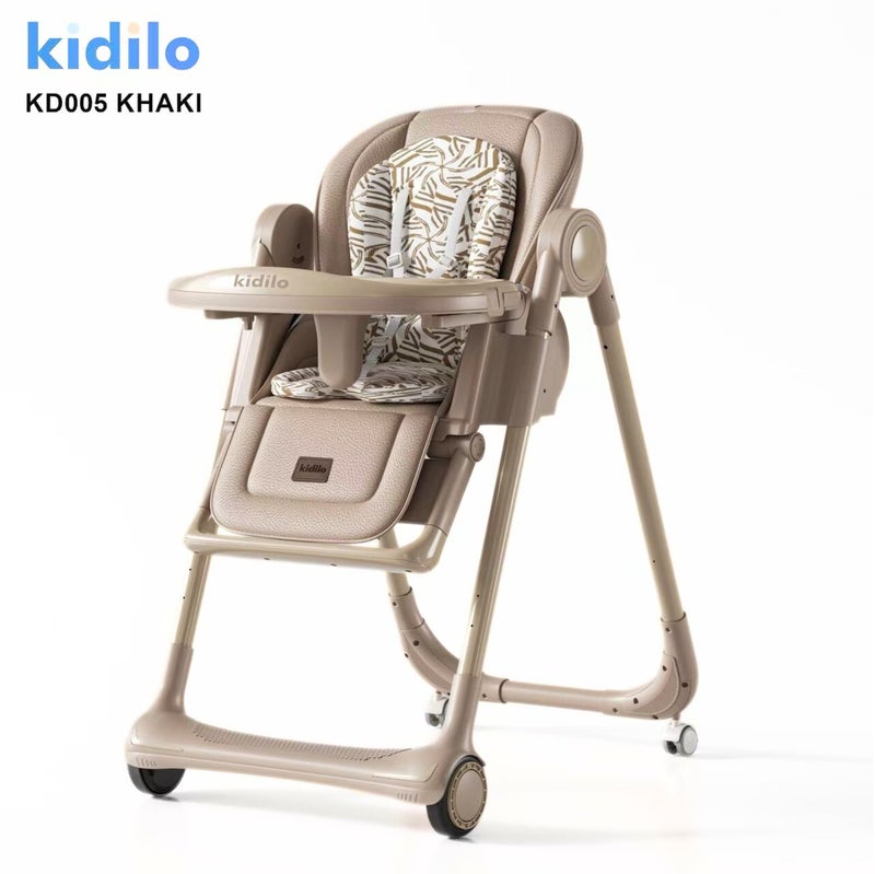 Kidilo KD005 Baby High Chair | Adjustable Reclining Feeding Chair With Removable Tray | 5-Point Safety Harness | Cushioned Seat Pad & Footrest | Smooth Rolling Wheels With Brakes | Easy-Clean Design