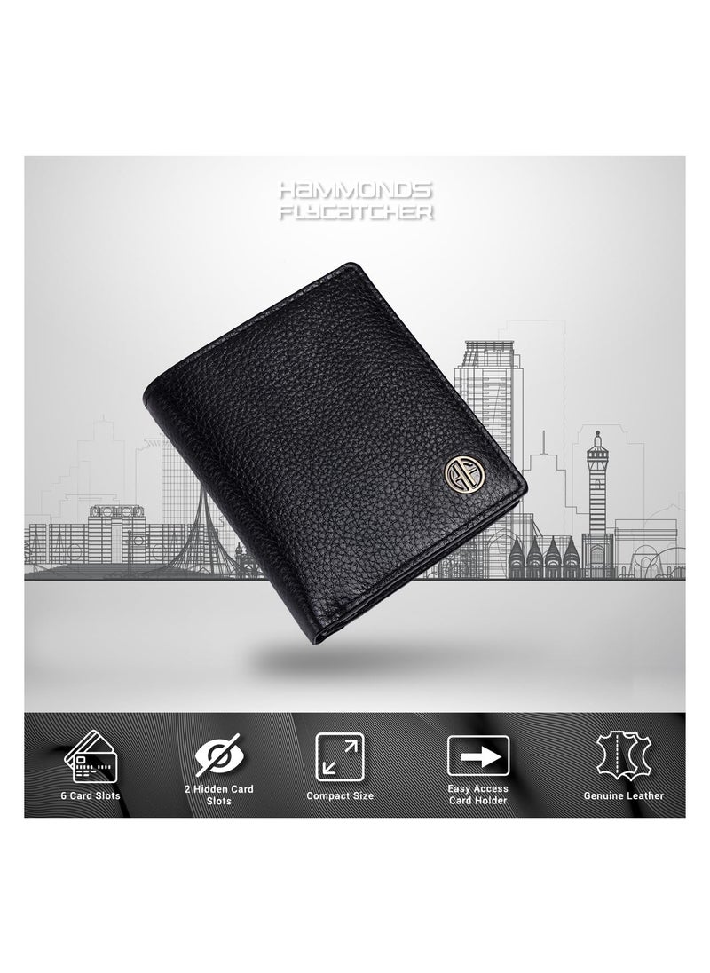HAMMONDS FLYCATCHER - HAMMONDS FLYCATCHER Genuine Leather Wallet for Men, RFID Protected Leather Purse for Men, Money Purse for Men, Bi-Fold Wallet, 4 Card Slots, 3 ID Slots, Coin Pocket, Metal Snap Button - Black - Image 1