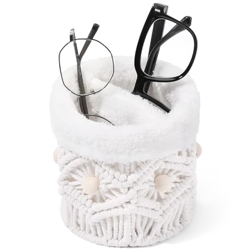 SNOWSTAR Plush Lined Eyeglasses Holder Stand for Nightstand,Boho Protective Eyeglass Holder with Wood Beads and 2 Compartments,Glasses Storage Organizer for Table,Desk,Nightstand,Office - Image 1