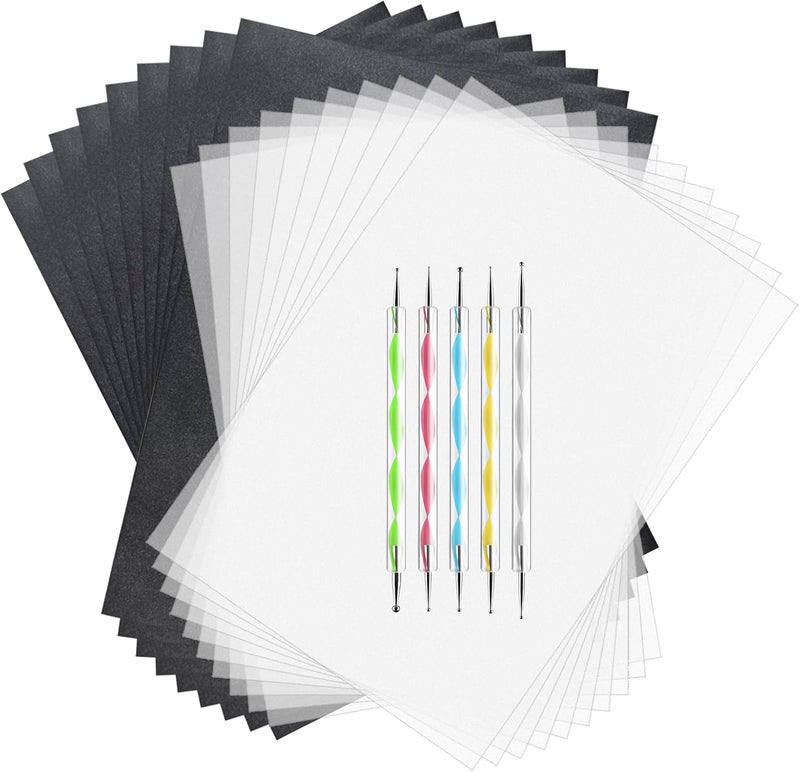 ASTARON 150 Sheets Black Carbon Copy Paper and Tracing Paper with 5 Pcs Embossing Styluses Tool Set, Carbon Transfer Paper for Tracing on Wood Fabric - Image 1