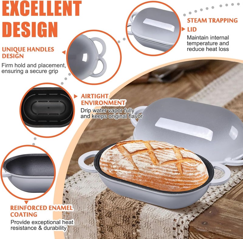 NSIRONS Enameled Cast Iron Sourdough Bread Oven, 2.5 QT Loaf Cast Iron Bread Pan with Lid, Oval Dutch Oven for Homemade Bread Baking, Meatloaf Pan with Lid (Light Gray) - Image 3