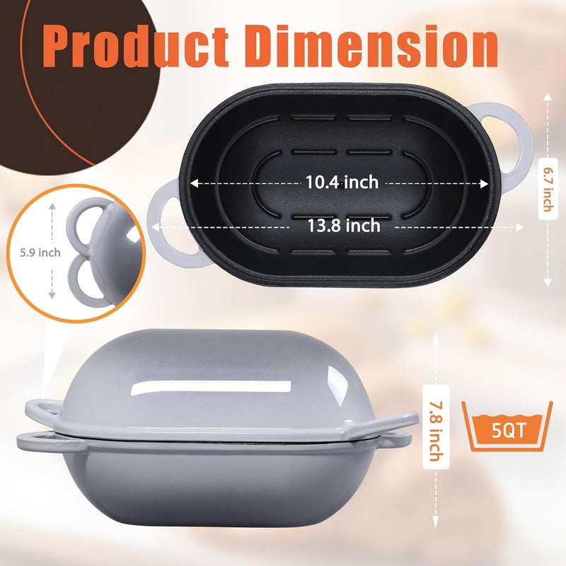 NSIRONS Enameled Cast Iron Sourdough Bread Oven, 2.5 QT Loaf Cast Iron Bread Pan with Lid, Oval Dutch Oven for Homemade Bread Baking, Meatloaf Pan with Lid (Light Gray) - Image 4