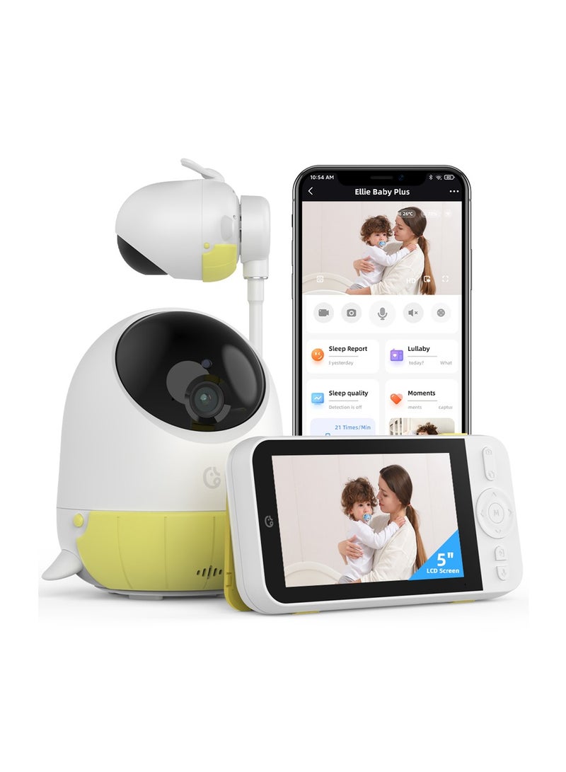ellie Ellie Baby Plus AI Smart Baby Monitor Camera with Non-WiFi 5" LCD Screen– 2.5K HD Camera, Face & Breathing Detection, Cry Alerts, 360° PTZ, Wi-Fi & Split Screen, Sleep Tracking - Image 1