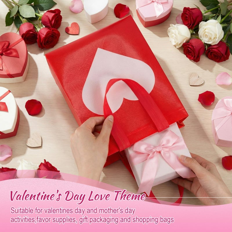 Woanger 60 Pcs Valentines Day Gift Bags Bulk Red Pink Heart Non-woven Reusable Tote with Handles Valentines Goody Treat Shopping Bags for Birthday Wedding Party Favor, 10 x 8 x 4 Inch - Image 5