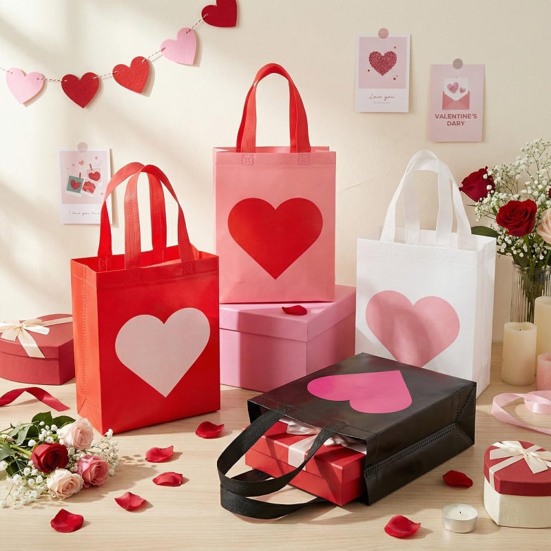 Woanger 60 Pcs Valentines Day Gift Bags Bulk Red Pink Heart Non-woven Reusable Tote with Handles Valentines Goody Treat Shopping Bags for Birthday Wedding Party Favor, 10 x 8 x 4 Inch - Image 2