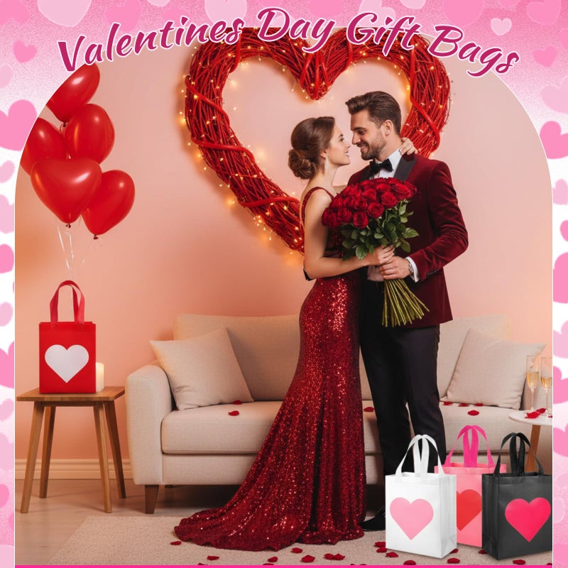 Woanger 60 Pcs Valentines Day Gift Bags Bulk Red Pink Heart Non-woven Reusable Tote with Handles Valentines Goody Treat Shopping Bags for Birthday Wedding Party Favor, 10 x 8 x 4 Inch - Image 4
