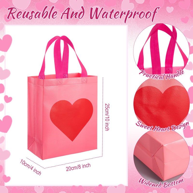 Woanger 60 Pcs Valentines Day Gift Bags Bulk Red Pink Heart Non-woven Reusable Tote with Handles Valentines Goody Treat Shopping Bags for Birthday Wedding Party Favor, 10 x 8 x 4 Inch - Image 3