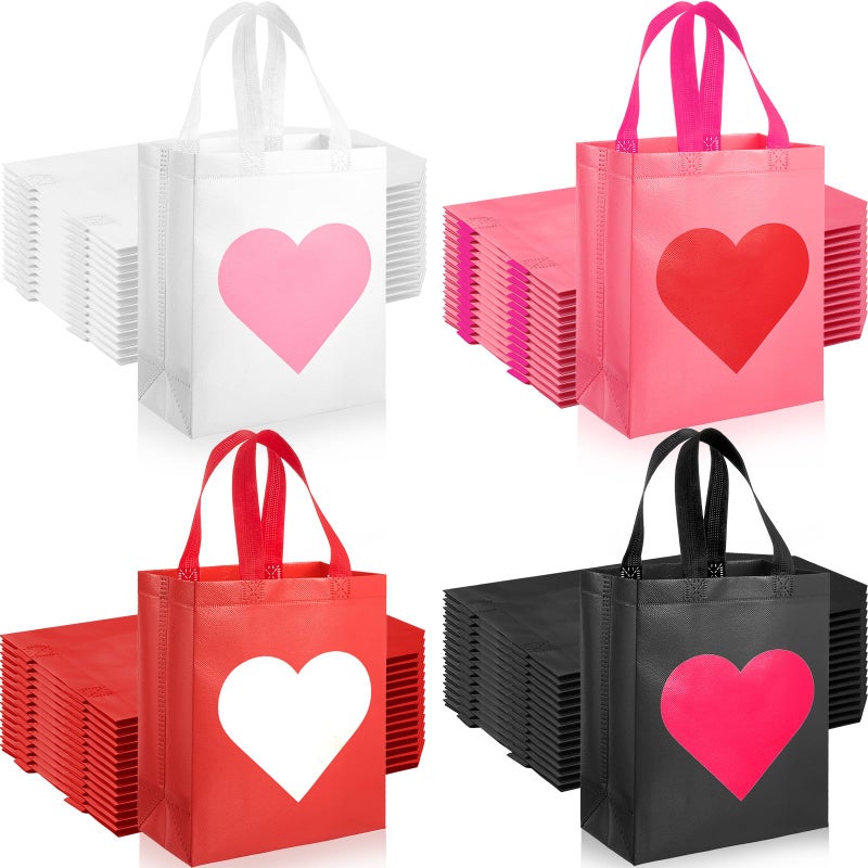 Woanger 60 Pcs Valentines Day Gift Bags Bulk Red Pink Heart Non-woven Reusable Tote with Handles Valentines Goody Treat Shopping Bags for Birthday Wedding Party Favor, 10 x 8 x 4 Inch - Image 1