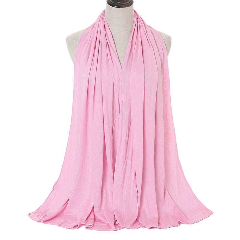 Cross-border solid color rayon sweat cloth ethnic women scarf mercerized cotton jersey headscarf long scarf wholesale 21 is pink. 