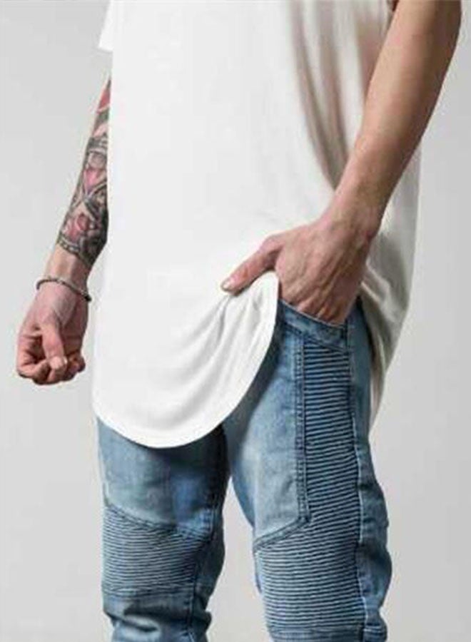 Men's mid-length round neck round swing side zipper short-sleeved T-shirt bottoming shirt-white - Image 2