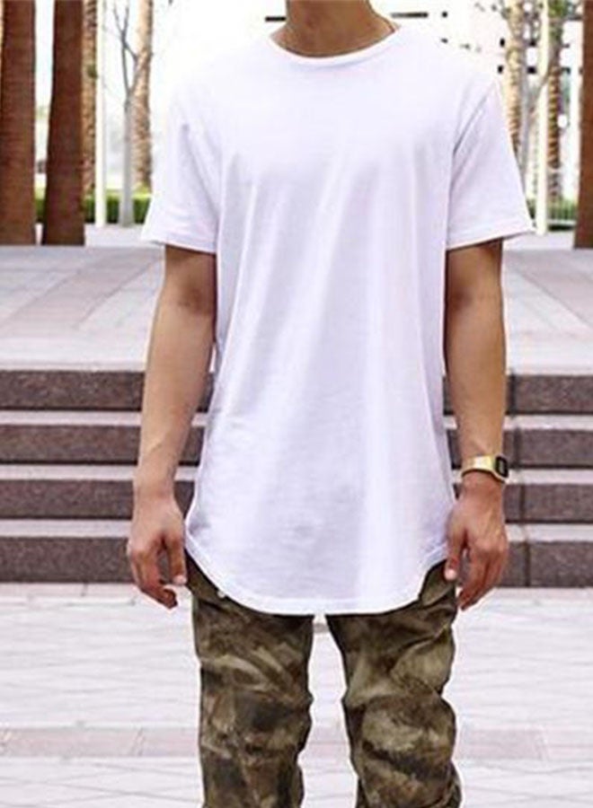 Men's mid-length round neck round swing side zipper short-sleeved T-shirt bottoming shirt-white - Image 1
