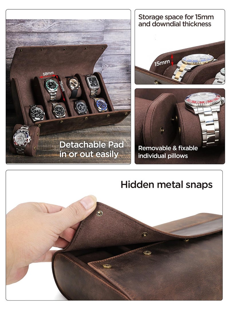 SOLARAE 8-Watches Roll Organizer, Top Grain Genuine Leather, for Man & Woman, Solid Vintage Design for Watches/Bracelets, Fully Handmade, Large Capacity for Traveling & Display, Dark Coffee, 8 Slots - Image 5
