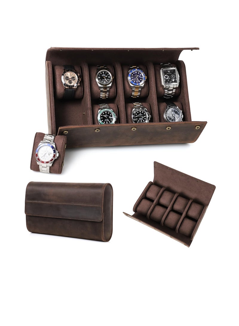 SOLARAE 8-Watches Roll Organizer, Top Grain Genuine Leather, for Man & Woman, Solid Vintage Design for Watches/Bracelets, Fully Handmade, Large Capacity for Traveling & Display, Dark Coffee, 8 Slots - Image 1