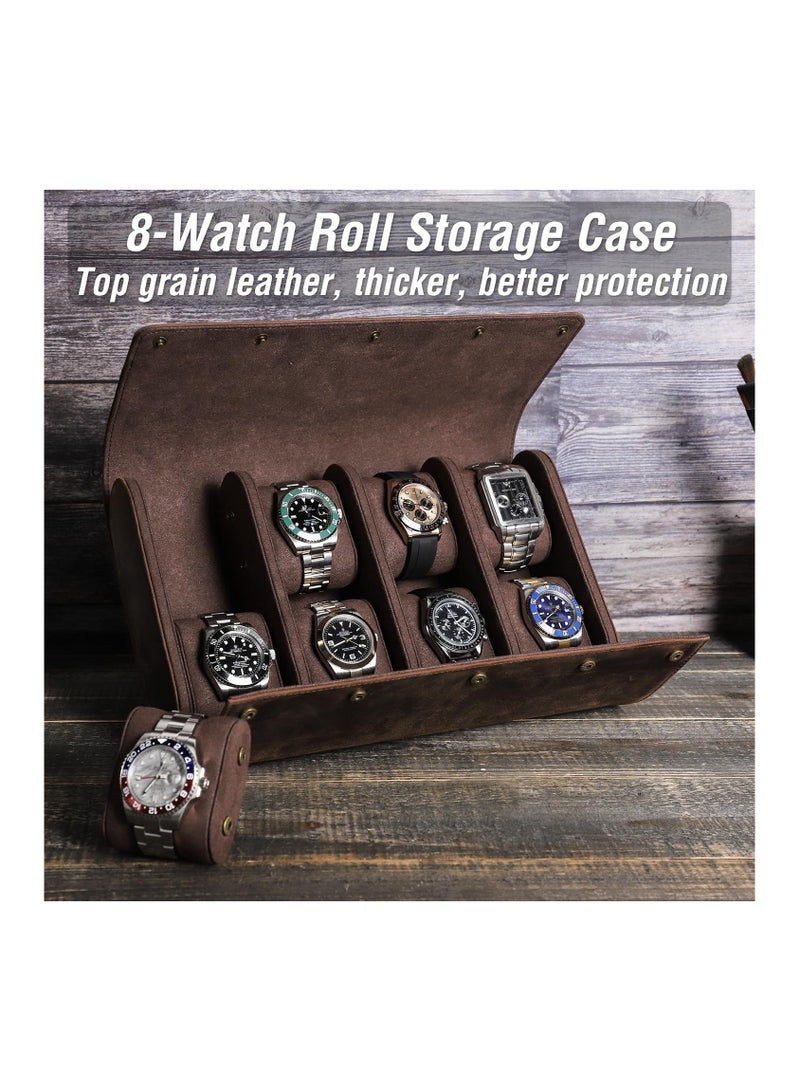 SOLARAE 8-Watches Roll Organizer, Top Grain Genuine Leather, for Man & Woman, Solid Vintage Design for Watches/Bracelets, Fully Handmade, Large Capacity for Traveling & Display, Dark Coffee, 8 Slots - Image 3