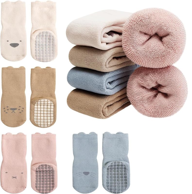 Yanwenx Baby Non Slip Socks Toddler Non-Skid Ankle Socks with Grips Anti-Slip Crew Cotton Socks for Infants Toddlers Girls Boys 4 Pairs_12-24 Months - Image 1