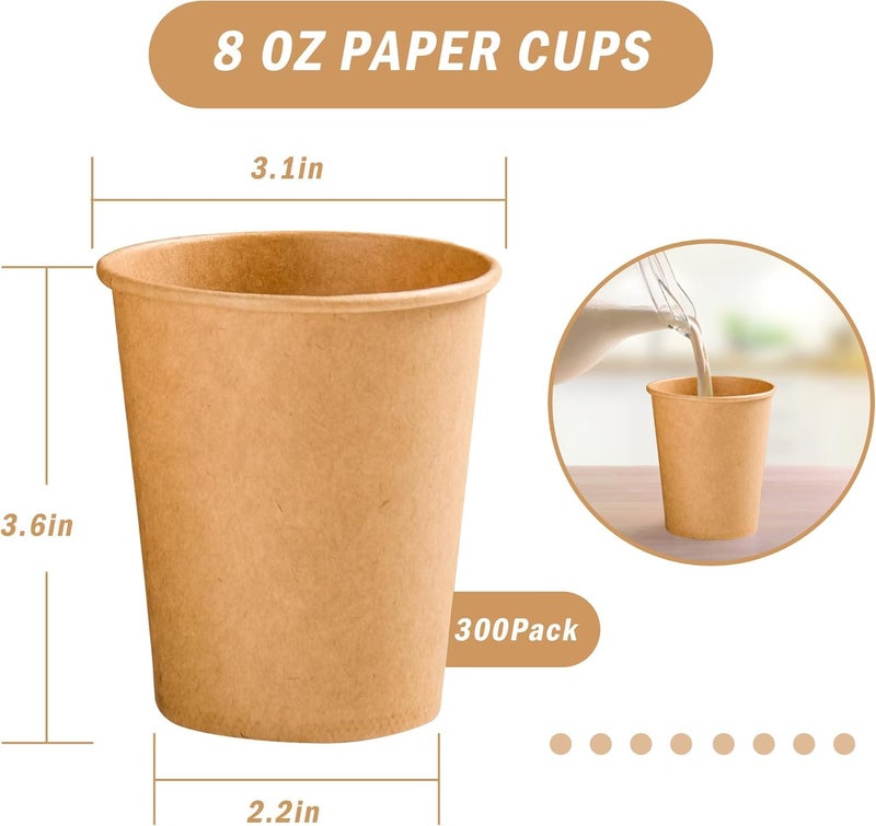 BYSNOW 300 Pack 8 oz Kraft Paper Cups  Disposable Brown Coffee Cup  Hot/Cold Drinking Cups  Paper Coffe Cups for Water  Coffee  Juice (8oz 300count) - Image 2