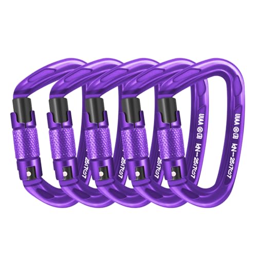AINIKEY 25kN Auto Locking Climbing Carabiner Clips, Heavy Duty Large D-Shaped Carabiners for Rock Climbing, Rappelling, Ice Climbing, Rescue, and Swing （‎Purple-5PCS） - Image 1