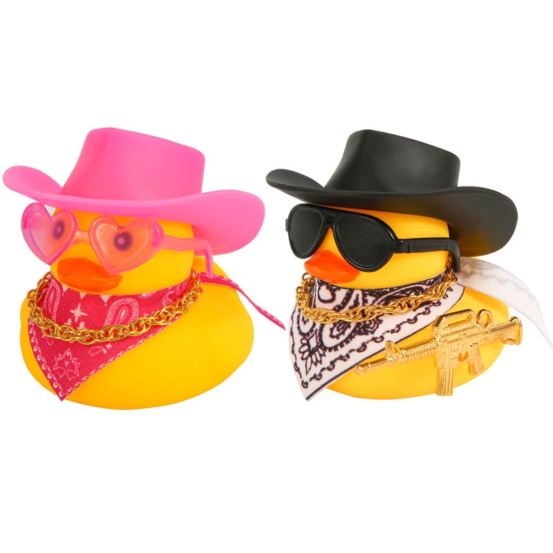 PEUTIER 2pcs Rubber Duck Car Ornaments Funny Rubber Ducks Car Dashboard Decorations Duck Car Accessories with Cowboy Hat Mini Scarf Necklace and Sunglasses for Car Desk Office Decor