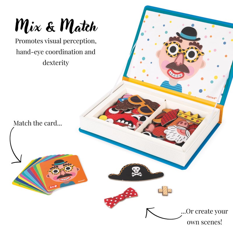 Janod - Magnetibook 83 Pc Magnetic Boy Crazy Face Dress Up Game - Decorating Fridge with Magnetic Letters - Enhances Creativity and Learning - Boosts Self-Confidence - Portable and Easy Storage - Image 2