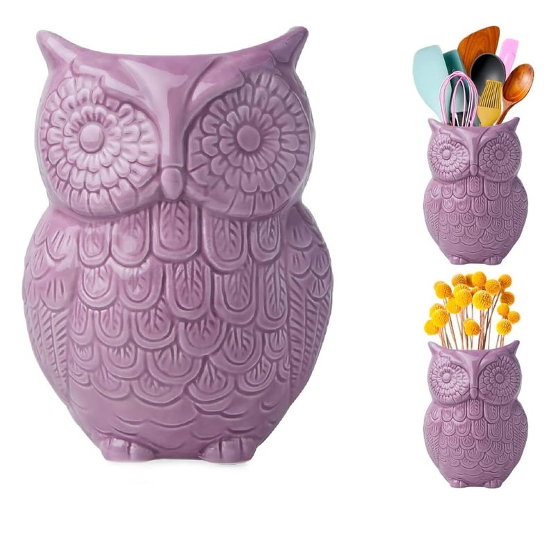 Comfify Owl Utensil Holder Decorative Ceramic Cookware Crock Organizer in Lovely Purple Color Utensil Caddy and Perfect Kitchen Ceramic Decor Gift 5 x 7 x 4 Compact Cute