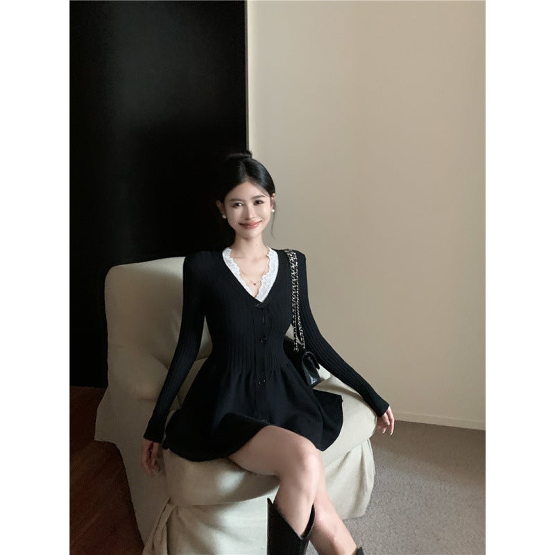 in stock Real Pat 2024 Pure Desire Style Knitted dress Slim-fit Puffy Short Skirt with Lace Vest suit Black vest - Image 4