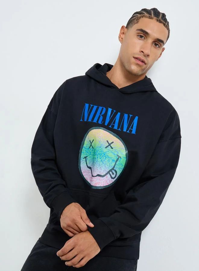 Men Black Nirvana Graphic Oversized Hoodie