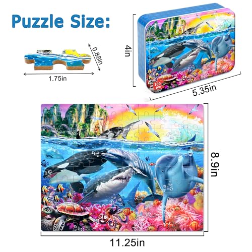 LELEMON Puzzles for Kids Ages 46Underwater World 100 Piece Puzzles for Kids Ages 48 in a Metal Box Educational Jigsaw Puzzles 100 Piece Puzzle Games Puzzle Toys for Girls and Boys - Image 5