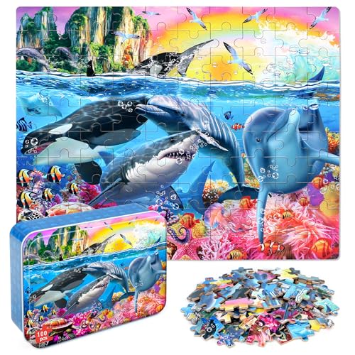 LELEMON Puzzles for Kids Ages 46Underwater World 100 Piece Puzzles for Kids Ages 48 in a Metal Box Educational Jigsaw Puzzles 100 Piece Puzzle Games Puzzle Toys for Girls and Boys - Image 1