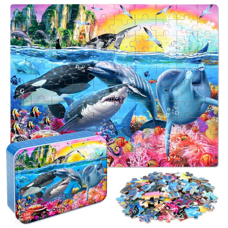 LELEMON Puzzles for Kids Ages 46Underwater World 100 Piece Puzzles for Kids Ages 48 in a Metal Box Educational Jigsaw Puzzles 100 Piece Puzzle Games Puzzle Toys for Girls and Boys - Image 3