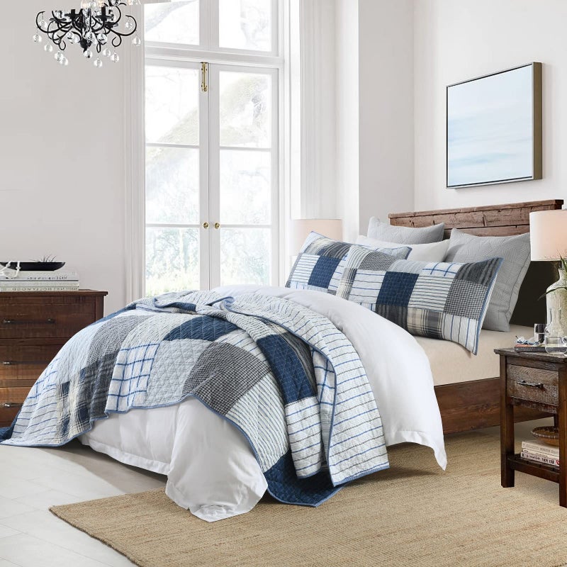 Yvooxny King Quilt Set Bedspread Reversible Plaid Grid Quilted Bedspread 3-Piece Real Patchwork Quilt Bedding Set with Pillowcases for All Seasons, King Size, 108 * 96 Inches - Image 2