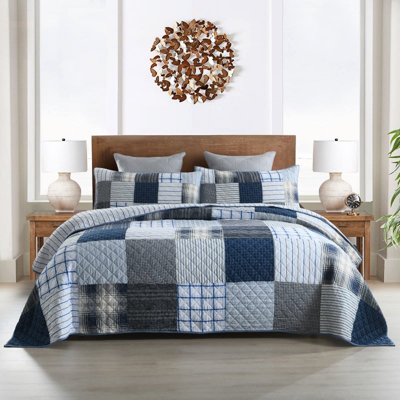 Yvooxny King Quilt Set Bedspread Reversible Plaid Grid Quilted Bedspread 3-Piece Real Patchwork Quilt Bedding Set with Pillowcases for All Seasons, King Size, 108 * 96 Inches - Image 1