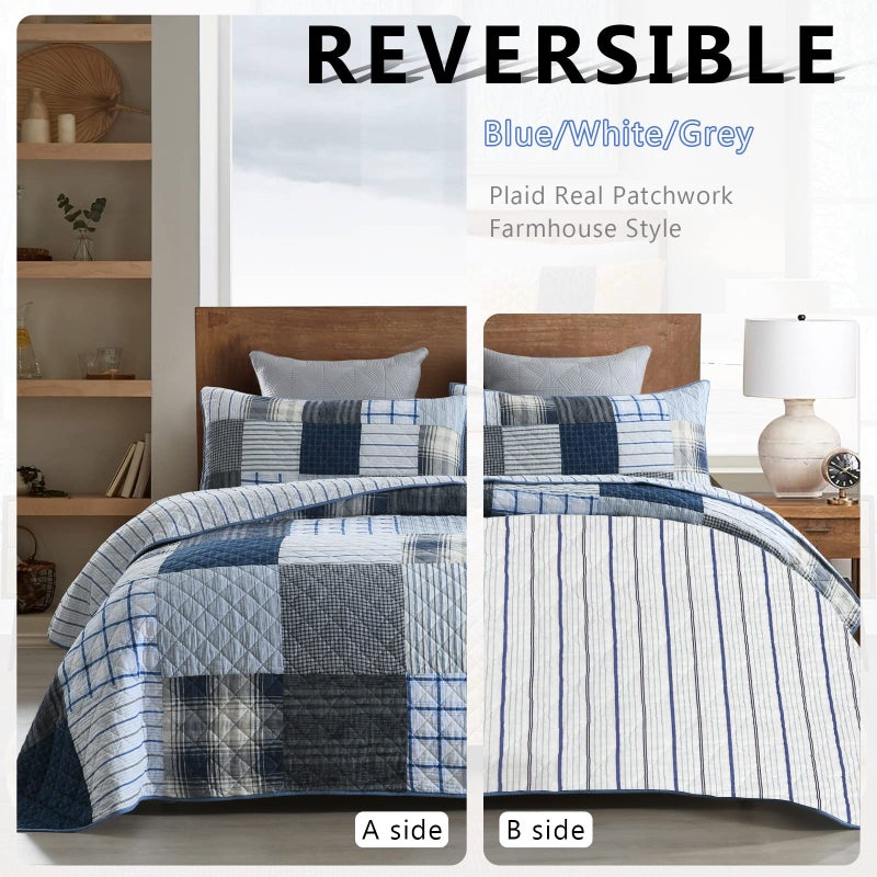 Yvooxny King Quilt Set Bedspread Reversible Plaid Grid Quilted Bedspread 3-Piece Real Patchwork Quilt Bedding Set with Pillowcases for All Seasons, King Size, 108 * 96 Inches - Image 3