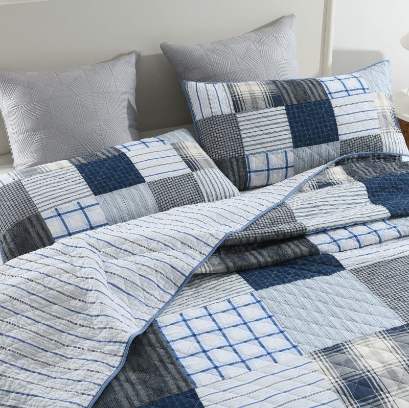 Yvooxny King Quilt Set Bedspread Reversible Plaid Grid Quilted Bedspread 3-Piece Real Patchwork Quilt Bedding Set with Pillowcases for All Seasons, King Size, 108 * 96 Inches - Image 4