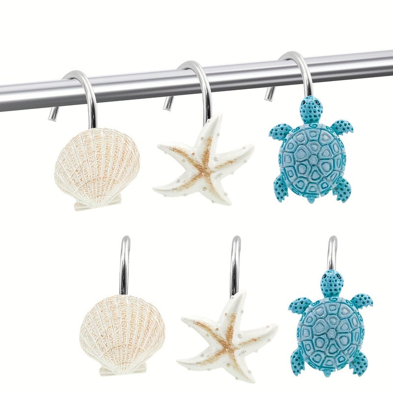 12 Cute Cartoon Ocean Animal Resin Shower Curtain Hooks Turtle Starfish Shell - Image 1