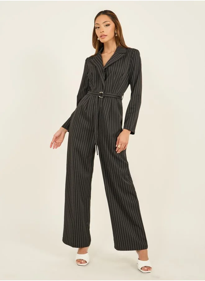 ستايلي Styli Striped Notch Lapel Wide Leg Jumpsuit