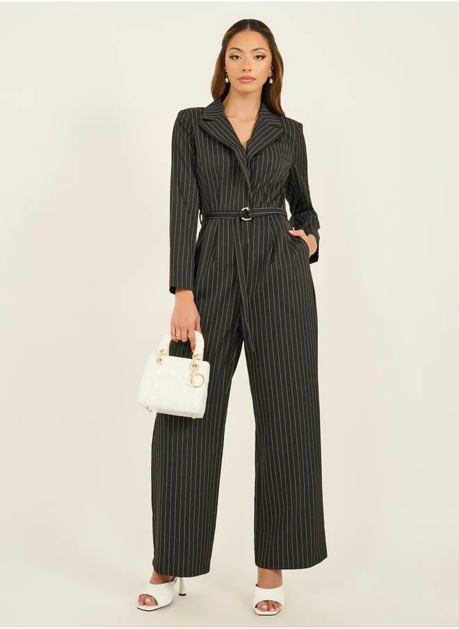 ستايلي Styli Striped Notch Lapel Wide Leg Jumpsuit