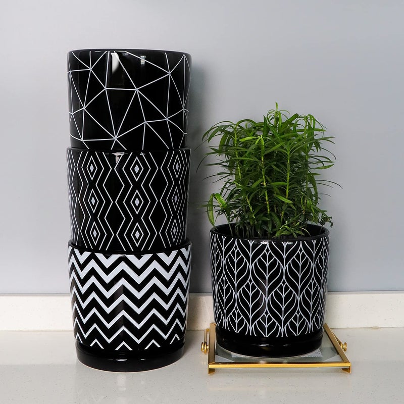Ton Sin Flower Pots,5.5 Inch Black Ceramic Planter with Drainage Hole,Indoor Cylinder Plant Pots with Saucer,Cactus Succulent Outdoor Garden Pots Set of 4 - Image 2