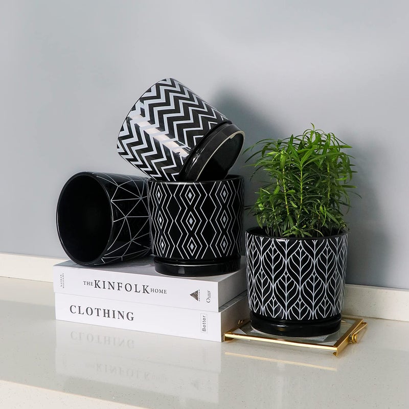 Ton Sin Flower Pots,5.5 Inch Black Ceramic Planter with Drainage Hole,Indoor Cylinder Plant Pots with Saucer,Cactus Succulent Outdoor Garden Pots Set of 4 - Image 4