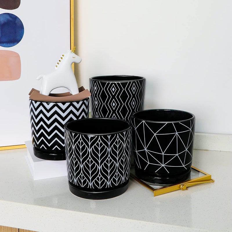 Ton Sin Flower Pots,5.5 Inch Black Ceramic Planter with Drainage Hole,Indoor Cylinder Plant Pots with Saucer,Cactus Succulent Outdoor Garden Pots Set of 4 - Image 5