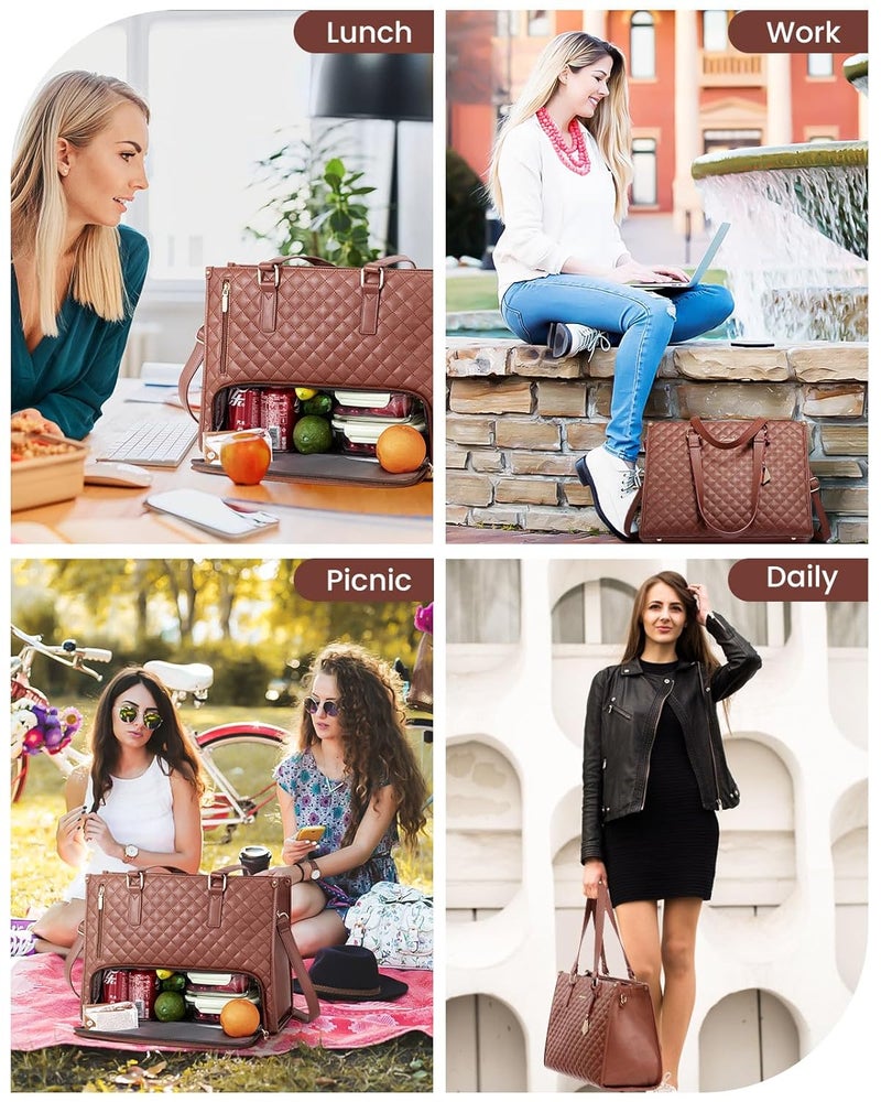 Handcuffs Women’s Lunch Tote Bag with Laptop Compartment | 2-in-1 Office Tiffin Bag for Women | Fits 15.6 Inch Laptop | Waterproof, Insulated, Stylish Handbag for Work, Travel, Picnic (Brown) - Image 4