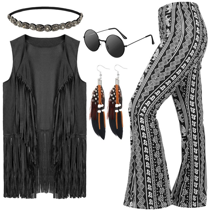 Leumoi 5 Pcs 60s 70s Costume for Women Disco Outfits Hippie Accessories Fringe Vest Boho Flared Pant for Mardi Gras Carnival(Small,Black) - Image 1